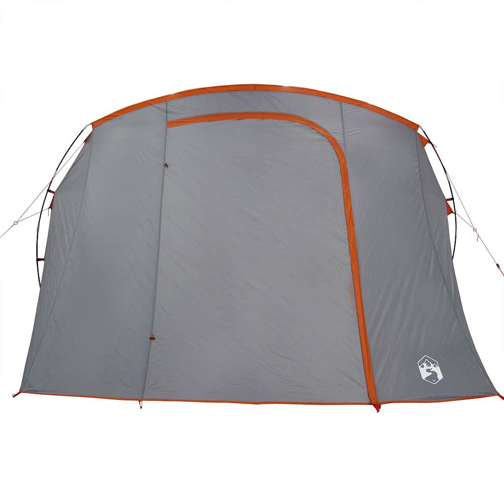 Detail van de grijze en oranje vidaXL autotent met een grote ingang.