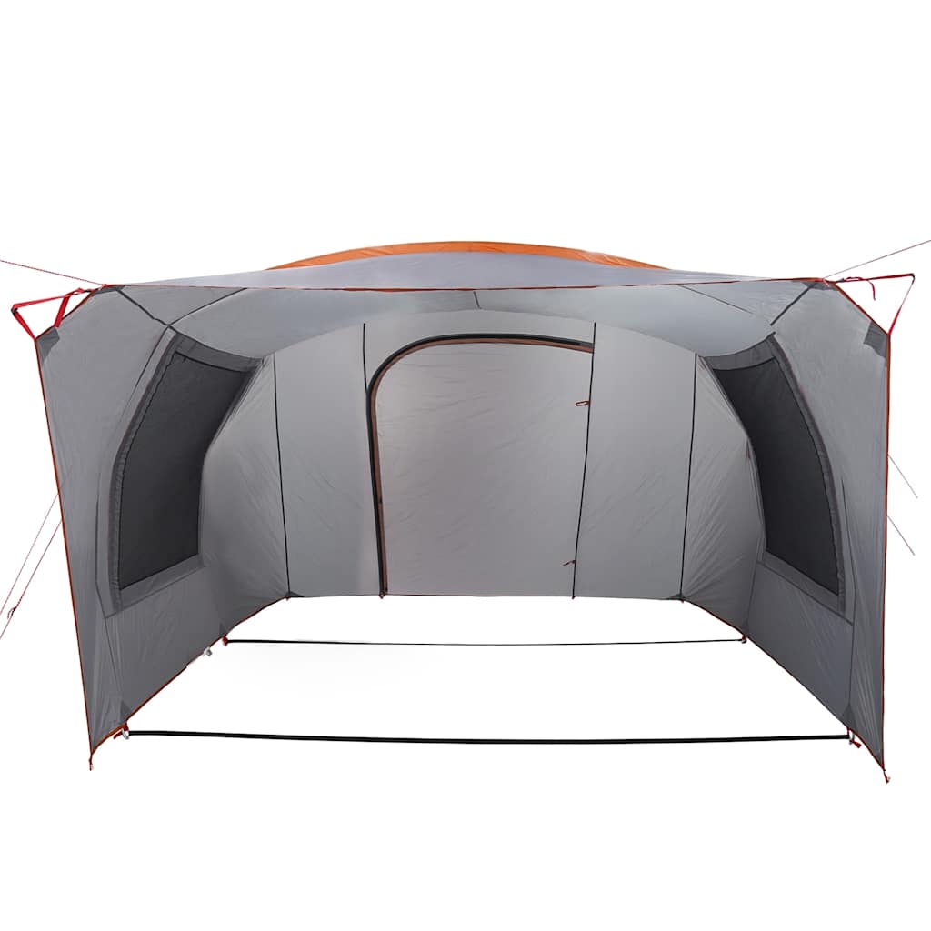 Detail van de grijze vidaXL autotent met oranje accenten en open ingang.