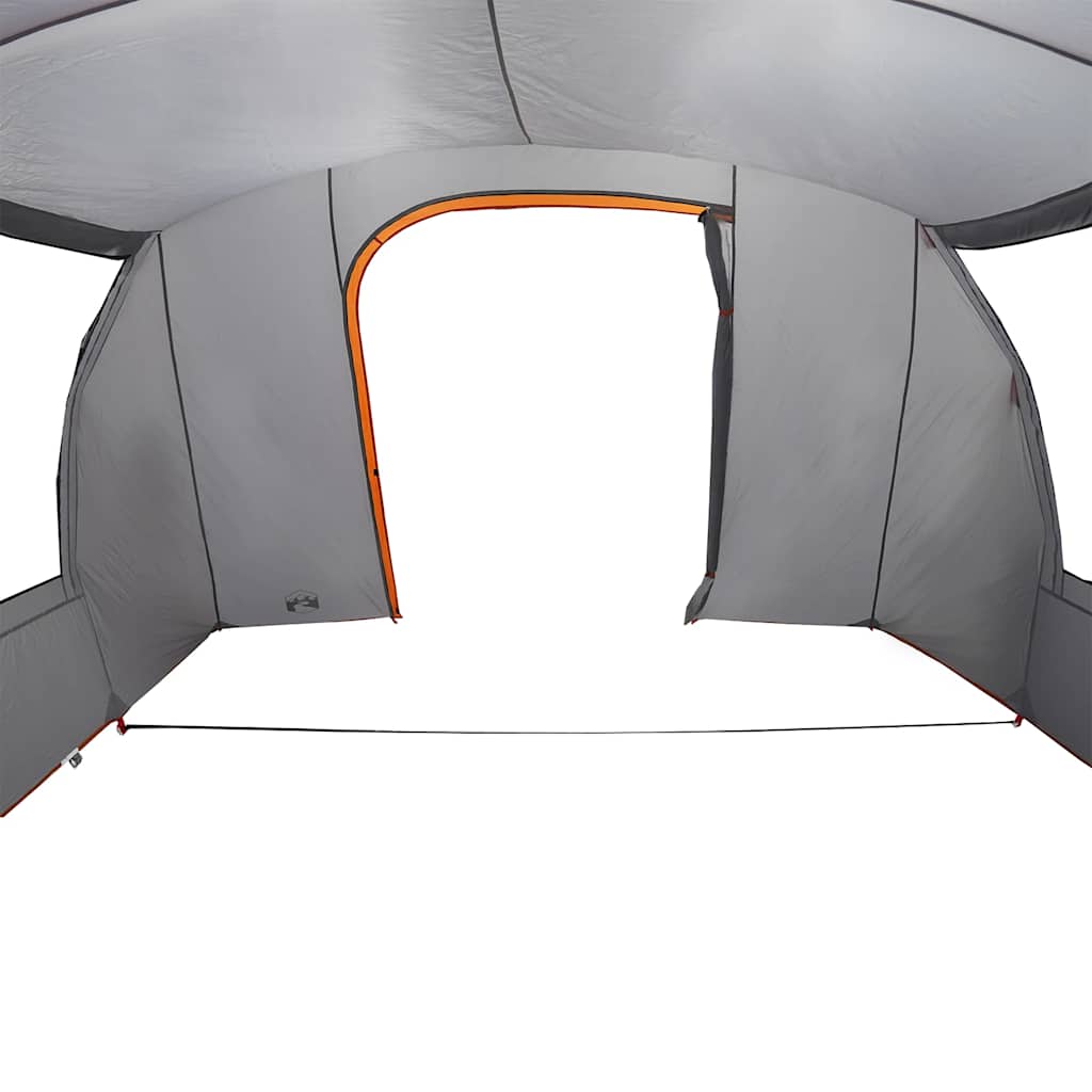 Detail van de grijze en oranje vidaXL autotent met open deur en binnenruimte.