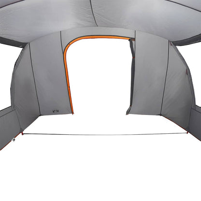 Detail van de grijze en oranje vidaXL autotent met open deur en binnenruimte.