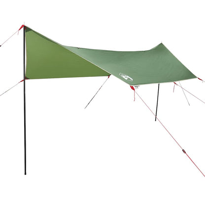 Detail van de vidaXL autotent in groen, opgezette tent met stevige stokken en spanbanden.