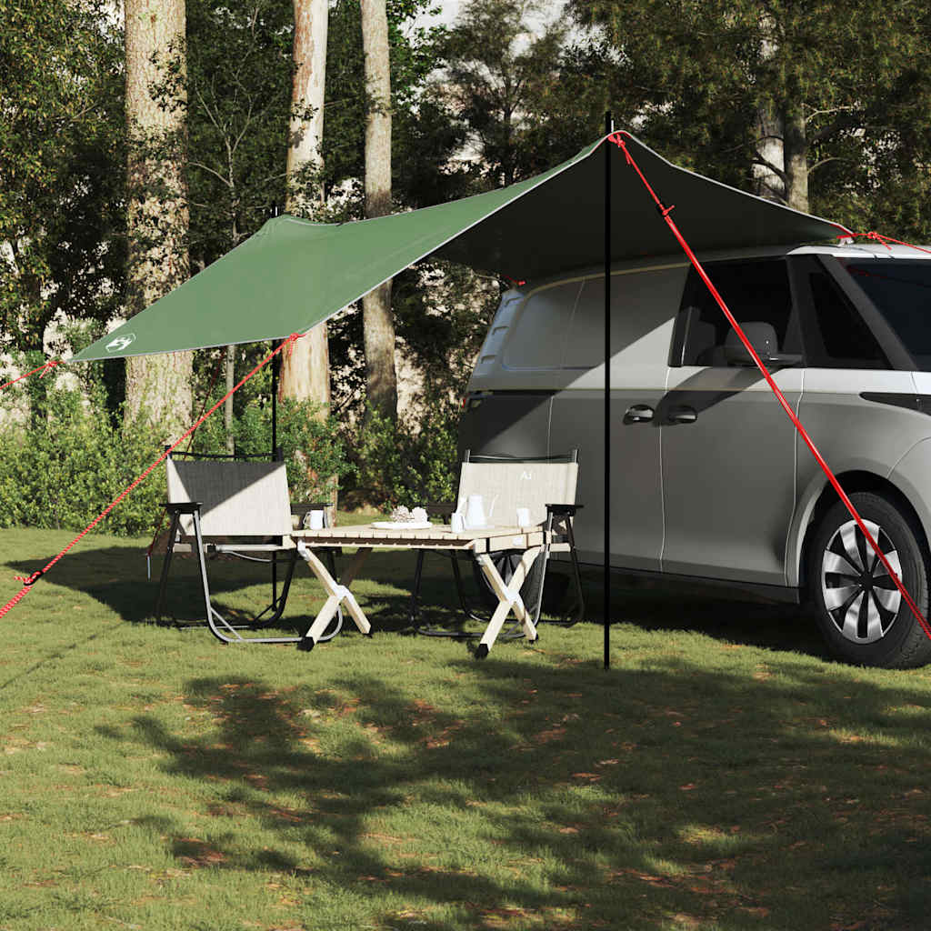 Detail van de vidaXL autotent in groen, met opgezette luifel en campingmeubilair.