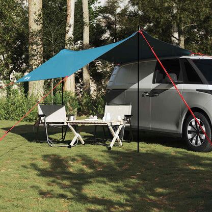 Detail van de vidaXL autotent in blauw, opgezet met een tafel en stoelen eronder.