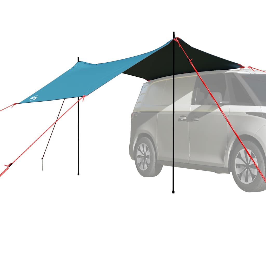 Blauwe vidaXL autotent met waterdicht ontwerp, bevestigd aan een voertuig.