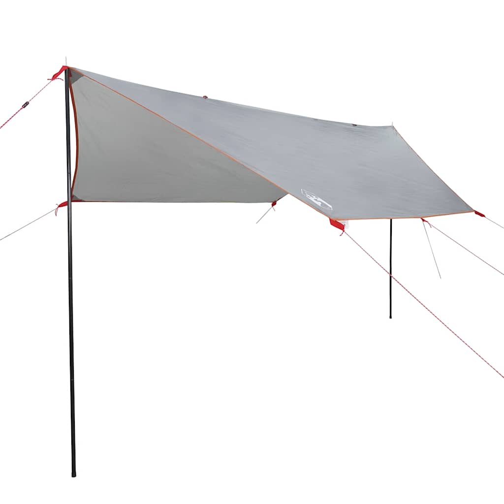 Detail van de vidaXL autotent in grijs met oranje accenten, zijaanzicht met opgezette luifel.