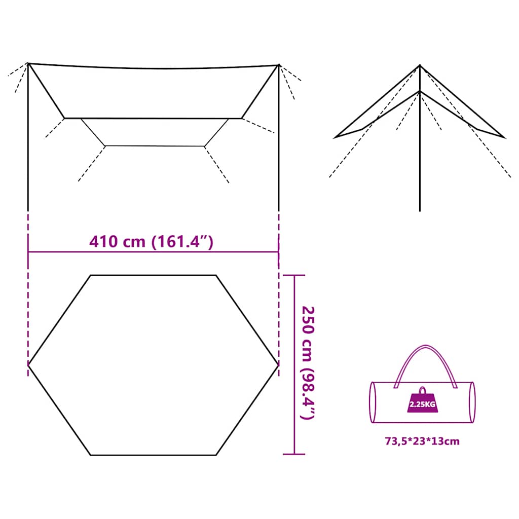 Detail van de vidaXL autotent met afmetingen en draagtas in grijs en oranje.
