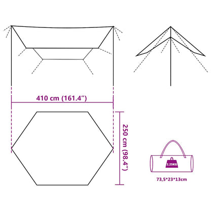 Detail van de vidaXL autotent met afmetingen en draagtas in grijs en oranje.