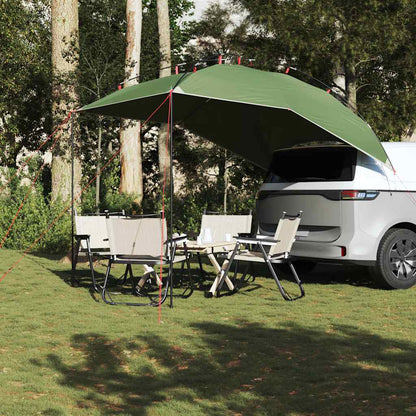 Detail van de vidaXL autotent in groen, opgesteld naast een voertuig met campingmeubilair.