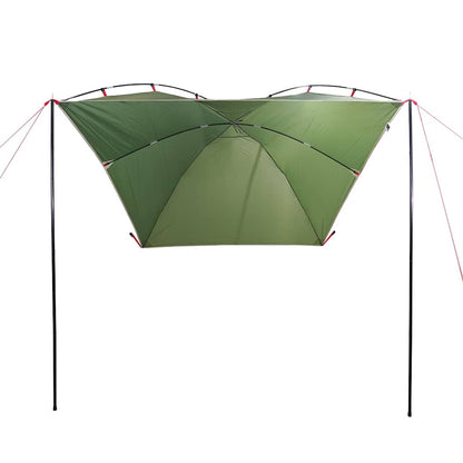 Detail van de vidaXL autotent in groen, met stevige stokken en spanningstouwen.