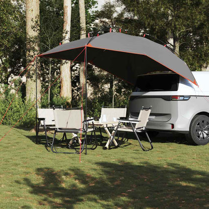 Detail van de vidaXL autotent in grijs en oranje, opgezet naast een voertuig met campingstoelen.