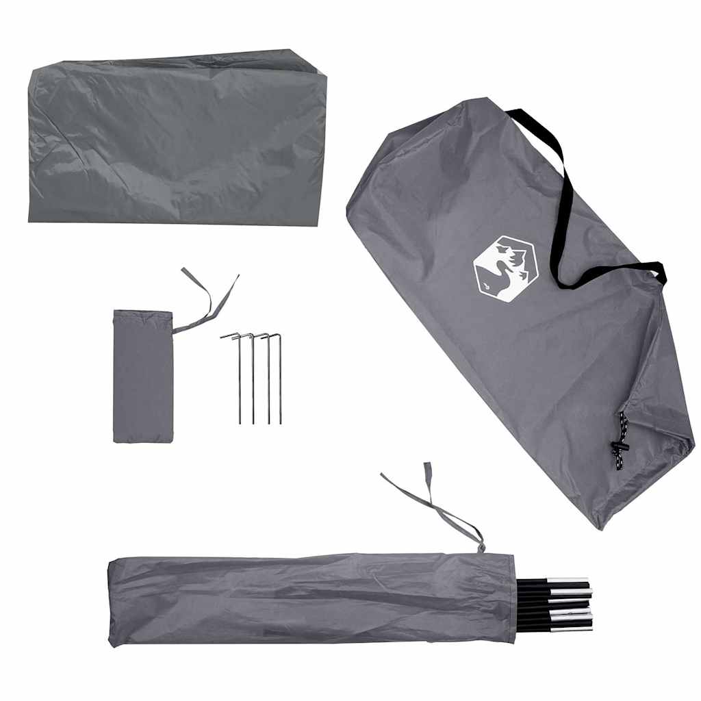 Detail van de grijze en oranje vidaXL autotent met stokken en haringen.