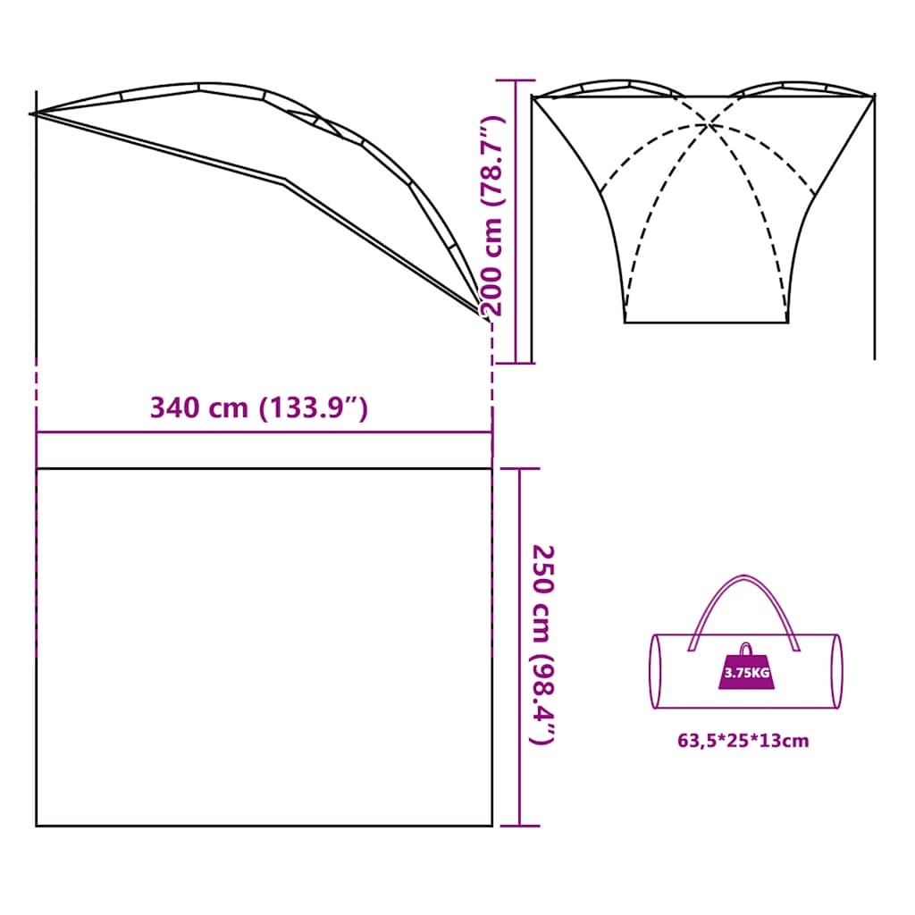 Afmetingen van de vidaXL autotent: 340 cm lang, 200 cm hoog en 250 cm breed.