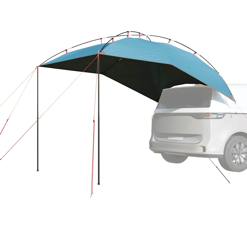 Blauwe vidaXL autotent, waterdicht, opstelling naast een voertuig voor extra kampeercomfort.