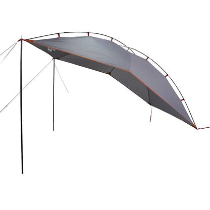 Detail van de vidaXL autotent in grijs met oranje accenten, zijaanzicht met opgezette stokken.