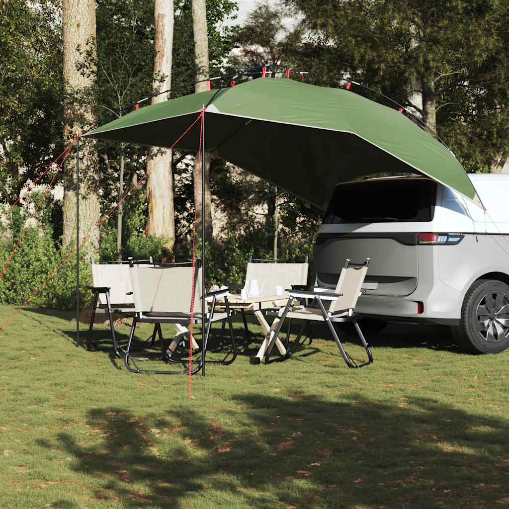 Detail van de vidaXL autotent in groen, opgezet met stoelen en tafel eronder.