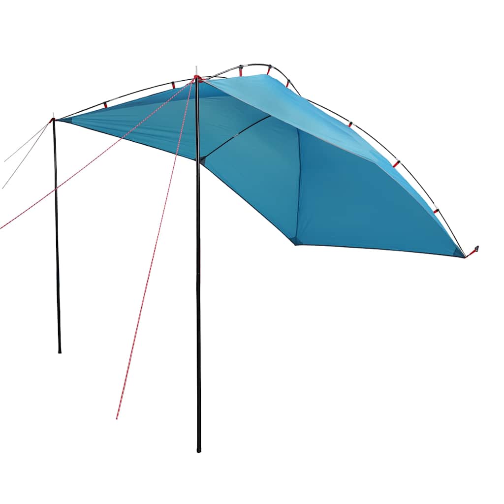 Detail van de vidaXL autotent met een lichtblauwe waterdichte bovenkant en stevige stokken.