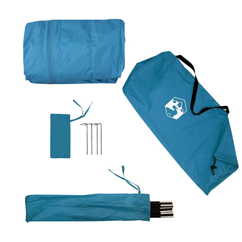 Detail van de vidaXL autotent in blauw met accessoires zoals stokken en haringen.
