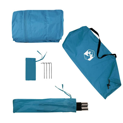 Detail van de vidaXL autotent in blauw met accessoires zoals stokken en haringen.