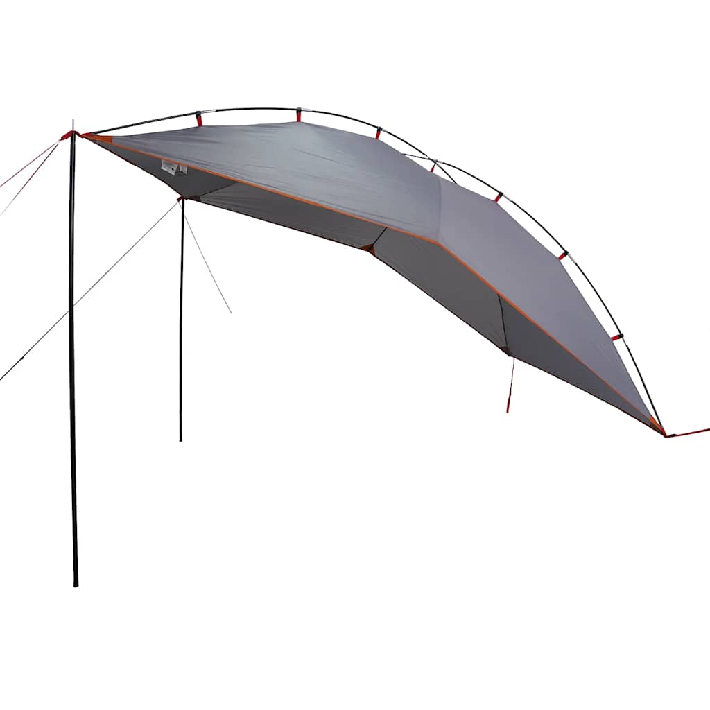 Detail van de vidaXL autotent in grijs en oranje, met stevige stokken en een waterdichte constructie.