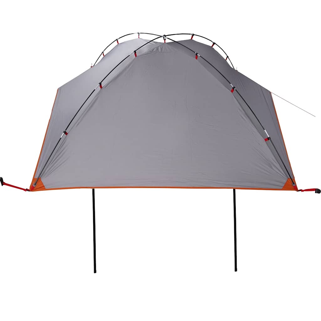 Detail van de vidaXL autotent in grijs met oranje accenten, zijaanzicht met opgezette stokken.