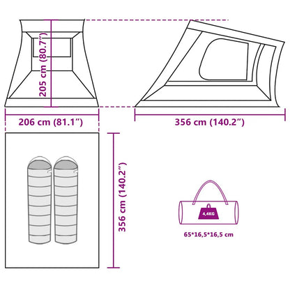 Detailweergave van de afmetingen en opbergtas van de vidaXL 2-persoons autotent.