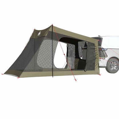 Detail van de olijfgroene vidaXL autotent met zijaanzicht en open deur.