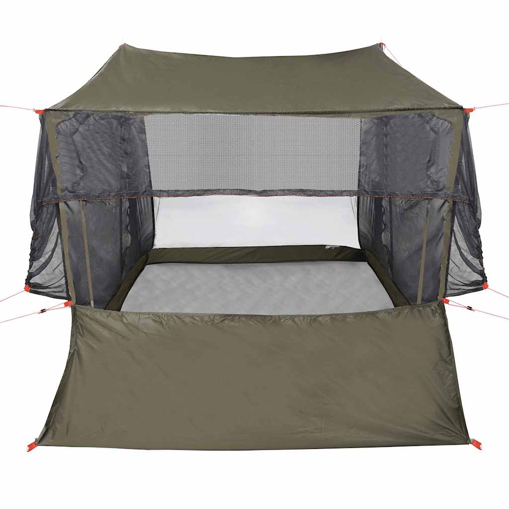 Detail van de vidaXL autotent 2-persoons in olijfgroen met gaasramen en stevige stokken.