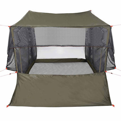 Detail van de vidaXL autotent 2-persoons in olijfgroen met gaasramen en stevige stokken.