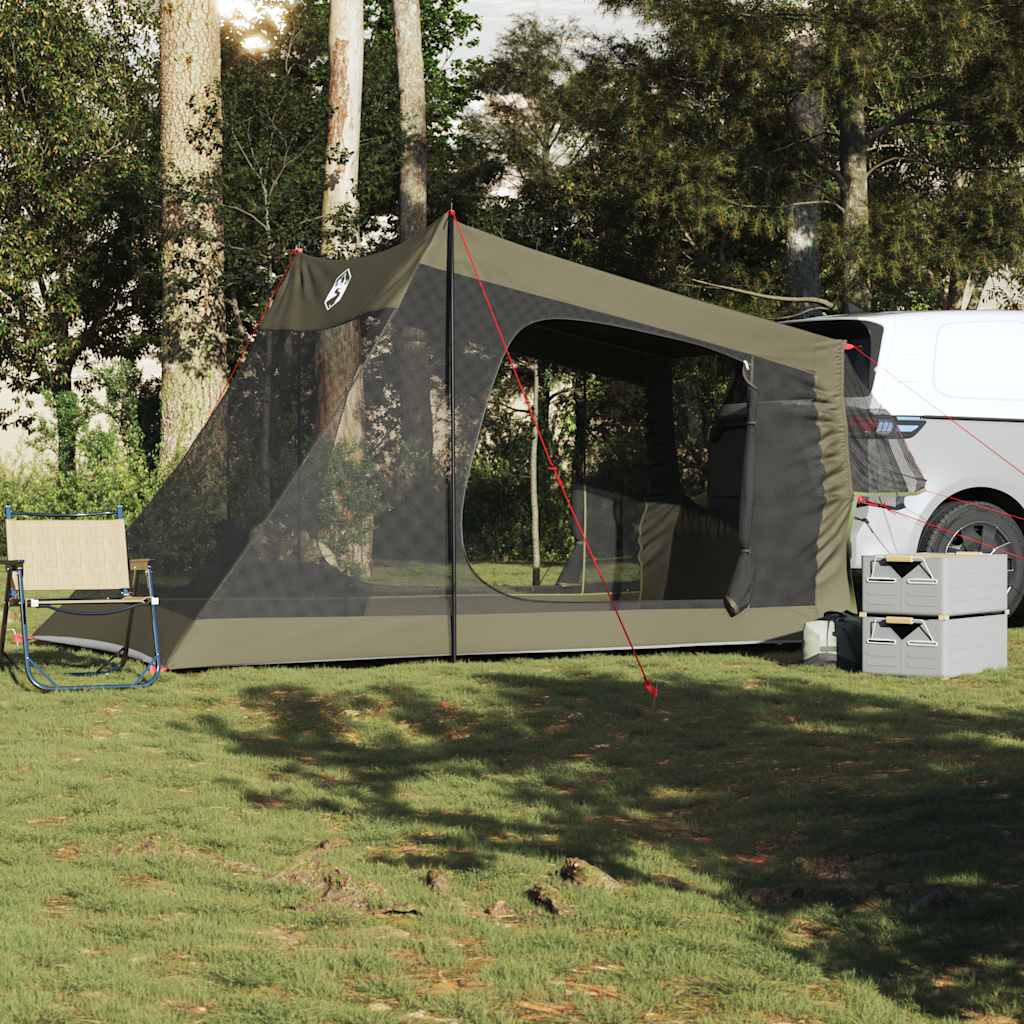 Olijfgroene vidaXL autotent voor twee personen, opgezet naast een voertuig in de natuur.