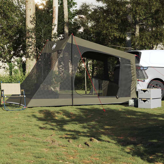 Olijfgroene vidaXL autotent voor twee personen, opgezet naast een voertuig in de natuur.