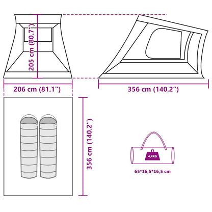 Detail van de afmetingen en indeling van de vidaXL 2-persoons autotent.