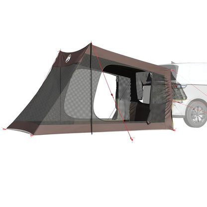 Detail van de bruin waterdichte vidaXL autotent met zijopening en stevige bevestigingen.