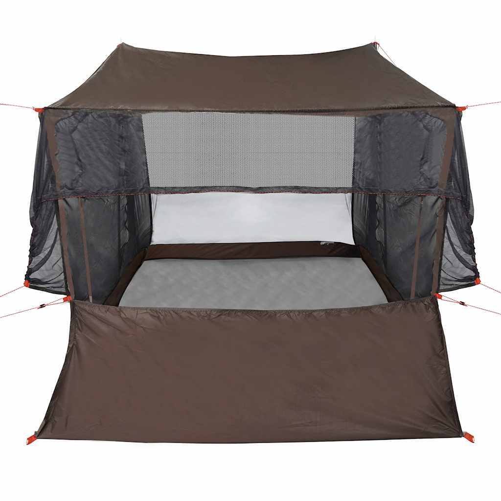 Detail van de vidaXL autotent in bruin, met gaasramen en waterdichte ondergrond.