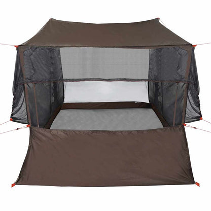 Detail van de vidaXL autotent in bruin, met gaasramen en waterdichte ondergrond.
