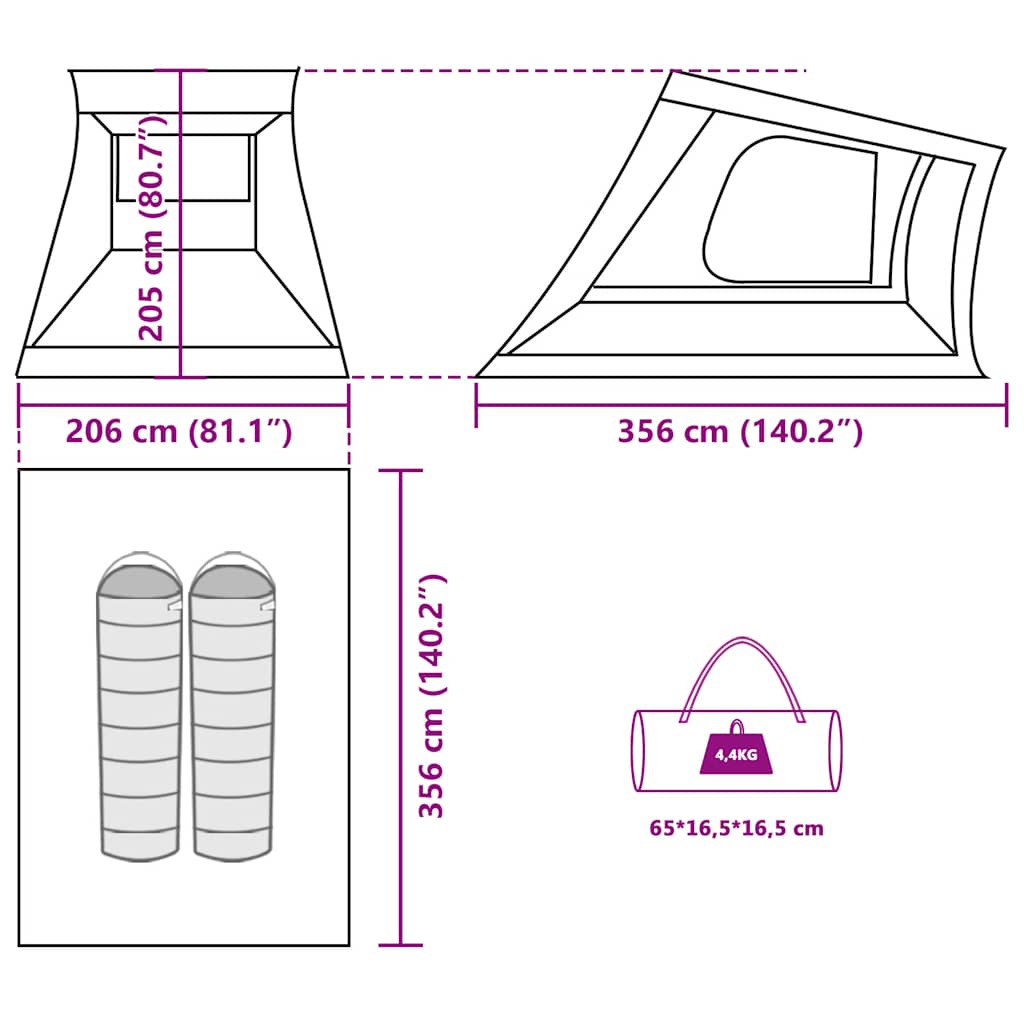 Detail van de vidaXL autotent, met afmetingen en opbergmogelijkheden weergegeven.