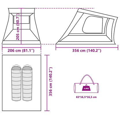 Detail van de vidaXL autotent, met afmetingen en opbergmogelijkheden weergegeven.