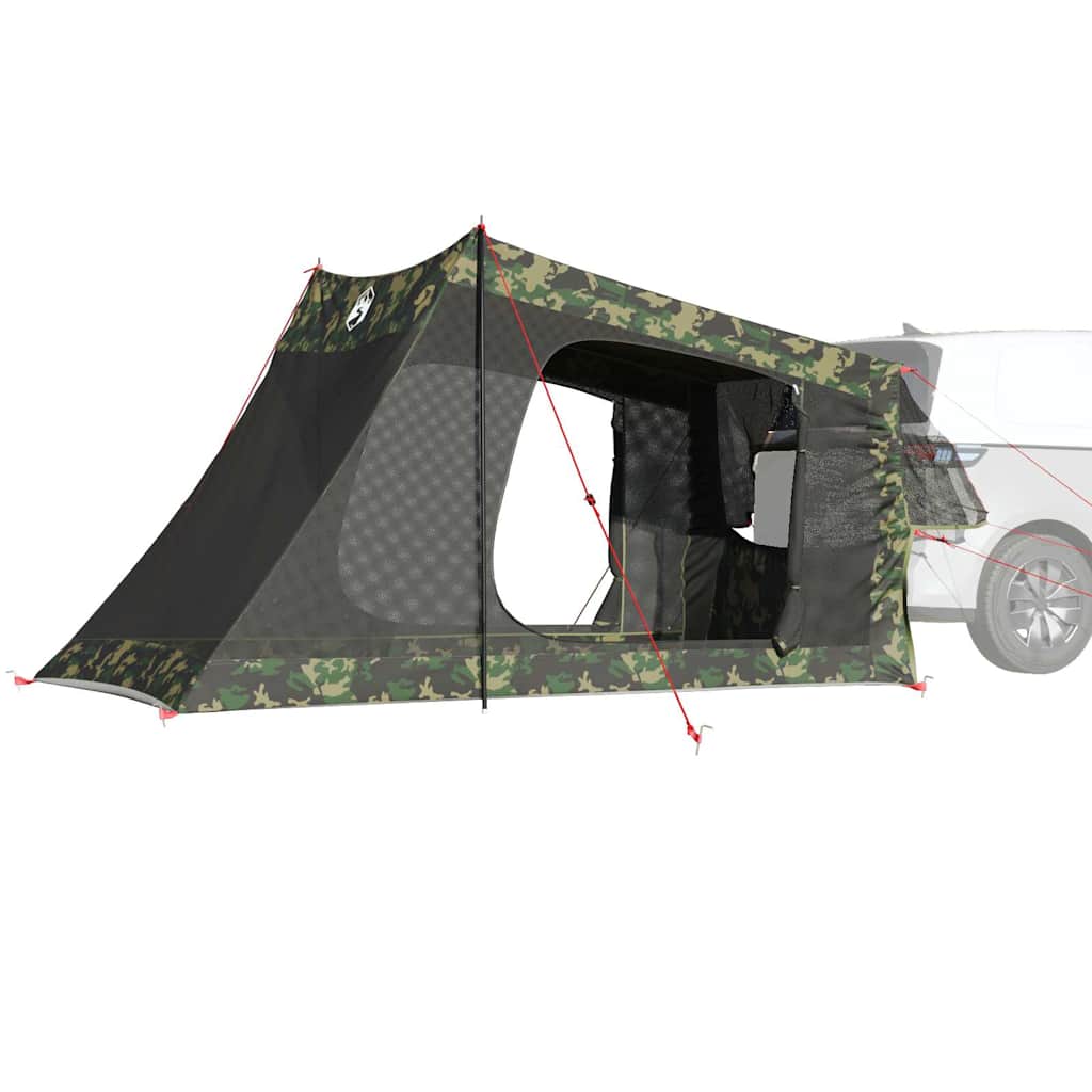 Detail van de vidaXL 2-persoons camouflage autotent met opzetstokken en ventilatieroosters.