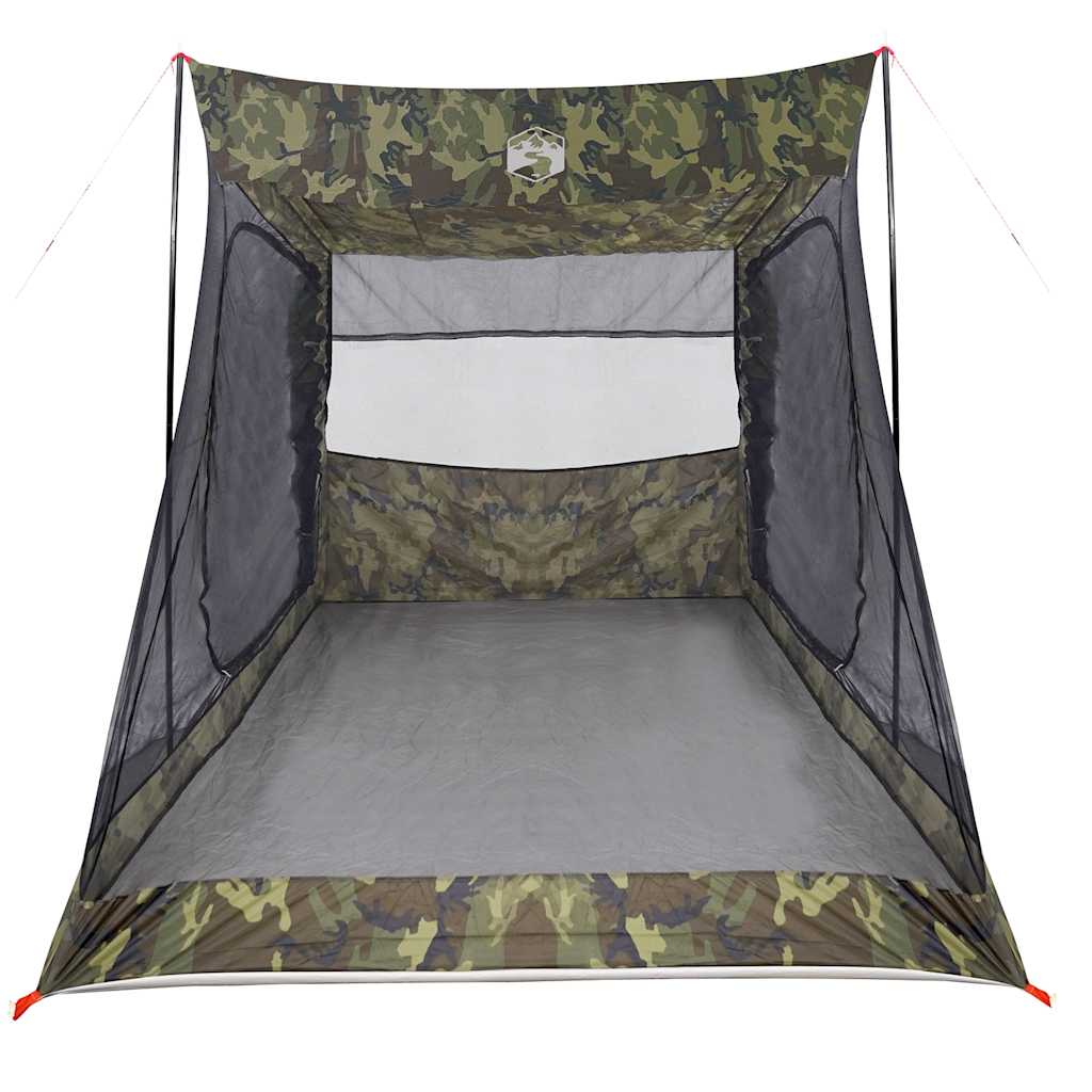 Detail van de binnenkant van de vidaXL 2-persoons camouflage autotent met gaasramen.