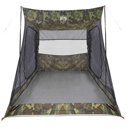Detail van de binnenkant van de vidaXL 2-persoons camouflage autotent met gaasramen.