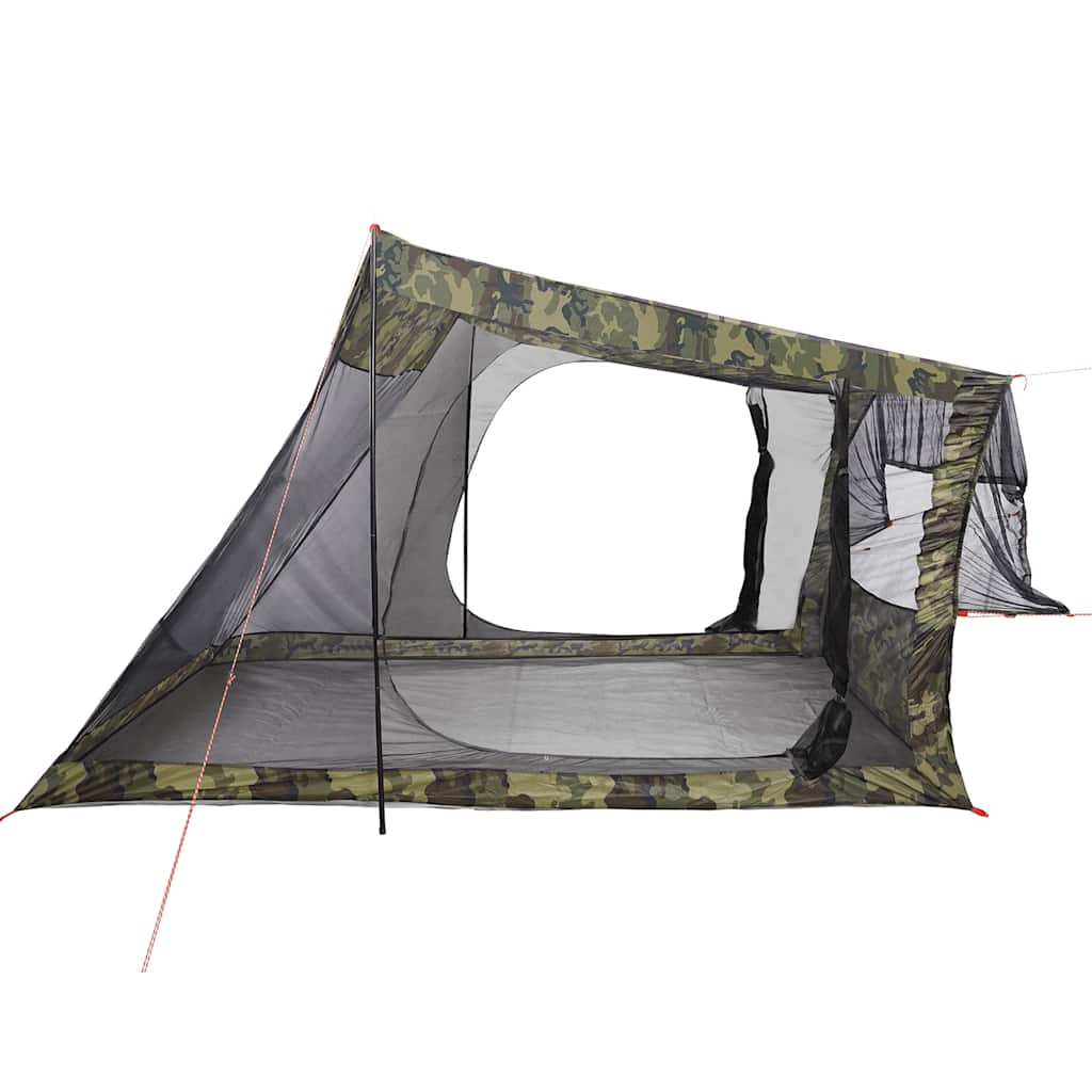 Zijaanzicht van de vidaXL 2-persoons camouflage autotent met open ingang en gaasvenster.