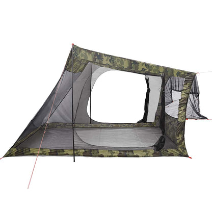 Zijaanzicht van de vidaXL 2-persoons camouflage autotent met open ingang en gaasvenster.