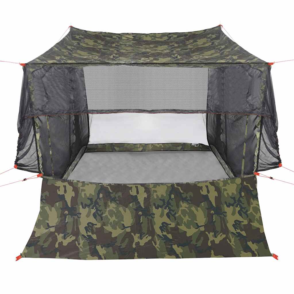 Detail van de vidaXL 2-persoons camouflage autotent met open voorkant en gaasramen.