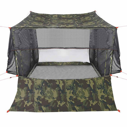 Detail van de vidaXL 2-persoons camouflage autotent met open voorkant en gaasramen.
