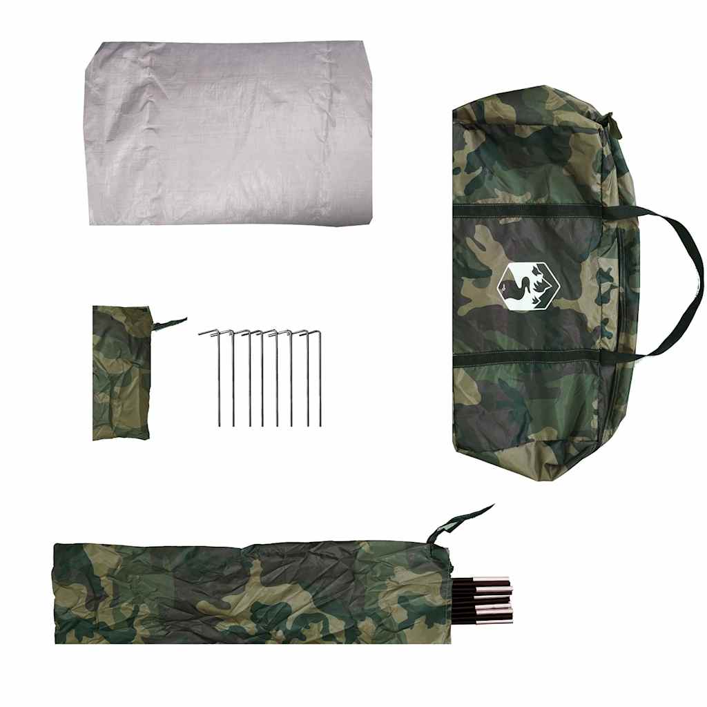 Detail van de vidaXL autotent in camouflage, inclusief stokken, haringen en opbergtas.