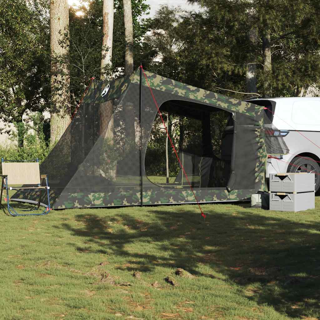 vidaXL 2-persoons camouflage autotent, waterdicht en windbestendig, opgezet naast een auto.