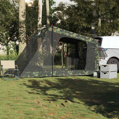 vidaXL 2-persoons camouflage autotent, waterdicht en windbestendig, opgezet naast een auto.