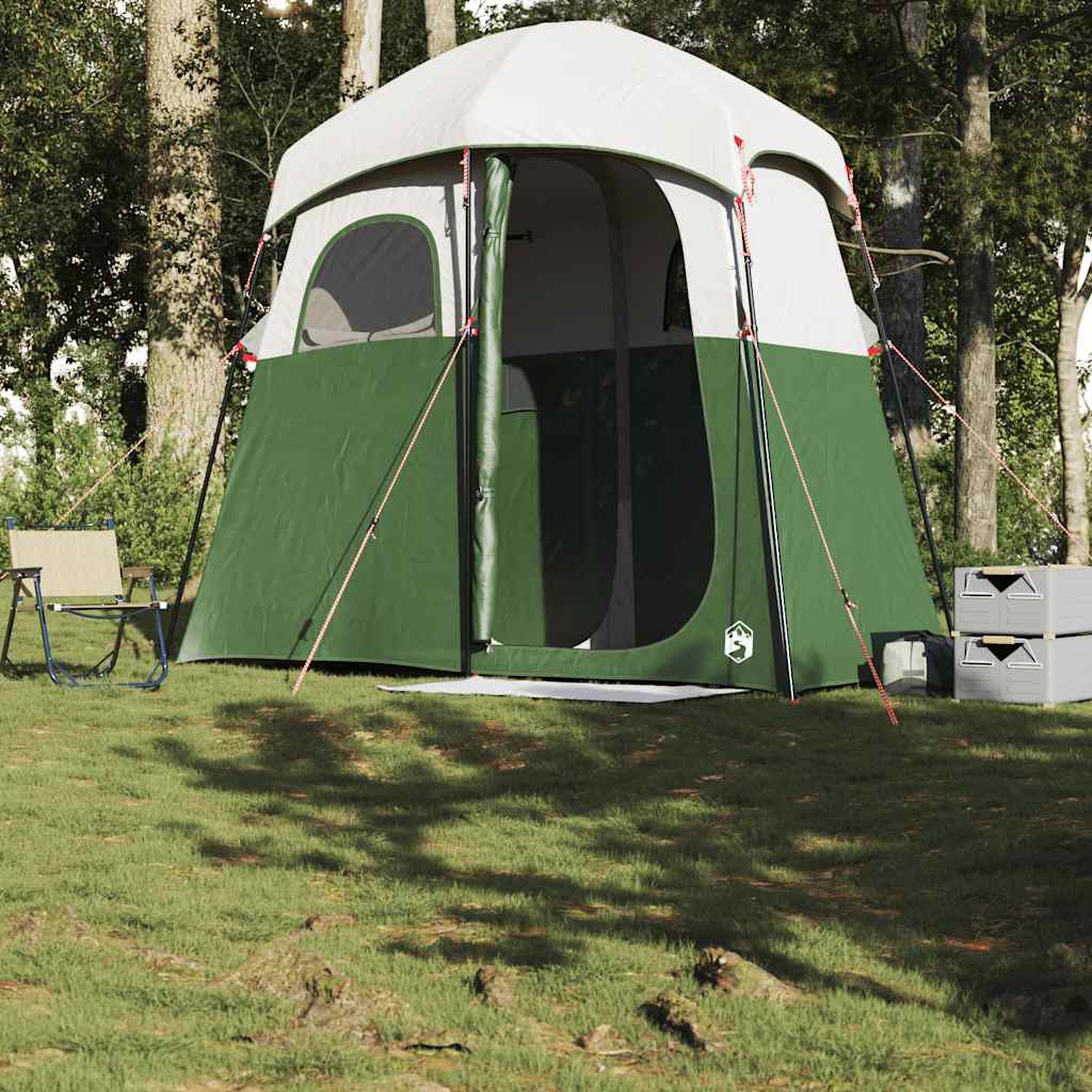 Detail van de vidaXL douchetent in groen, met open ingang en opgestelde stokken.