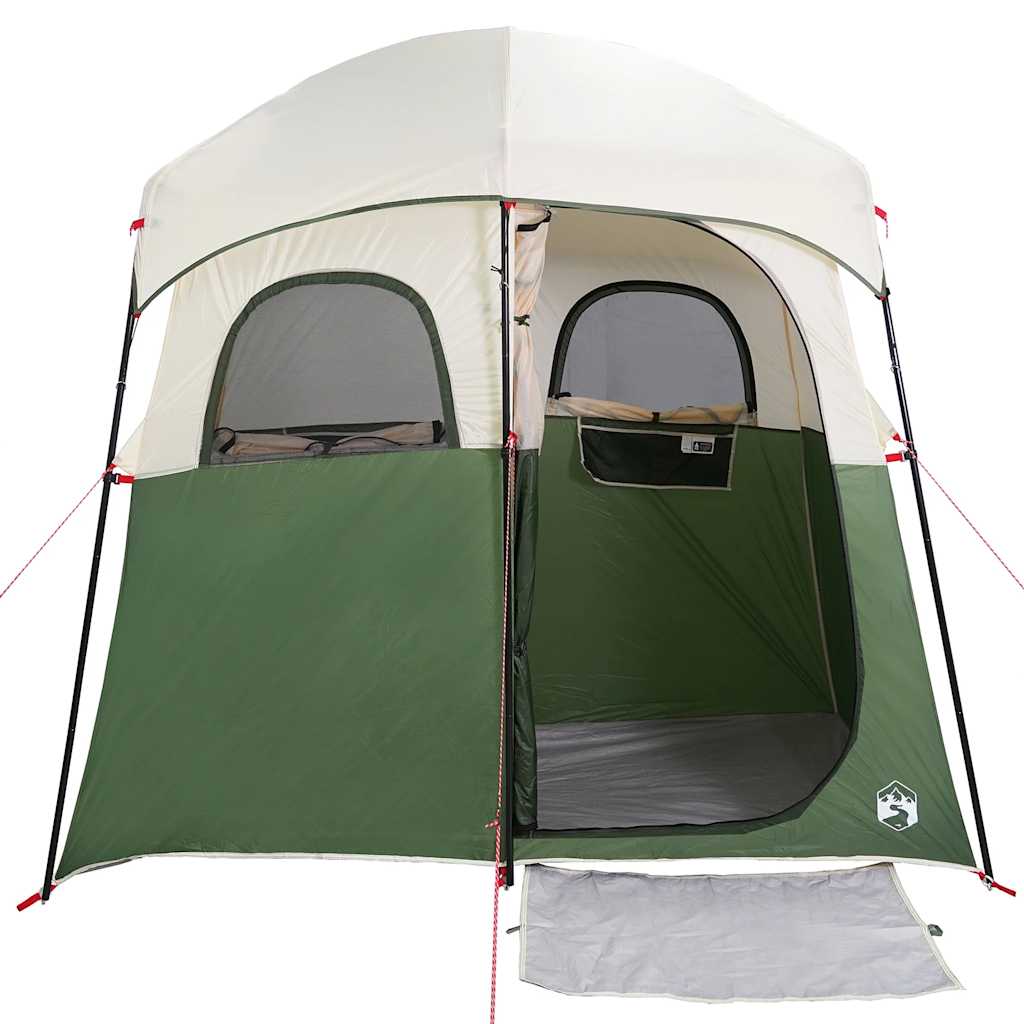 Zijaanzicht van de vidaXL douchetent in groen met open ingang en ventilatieramen.