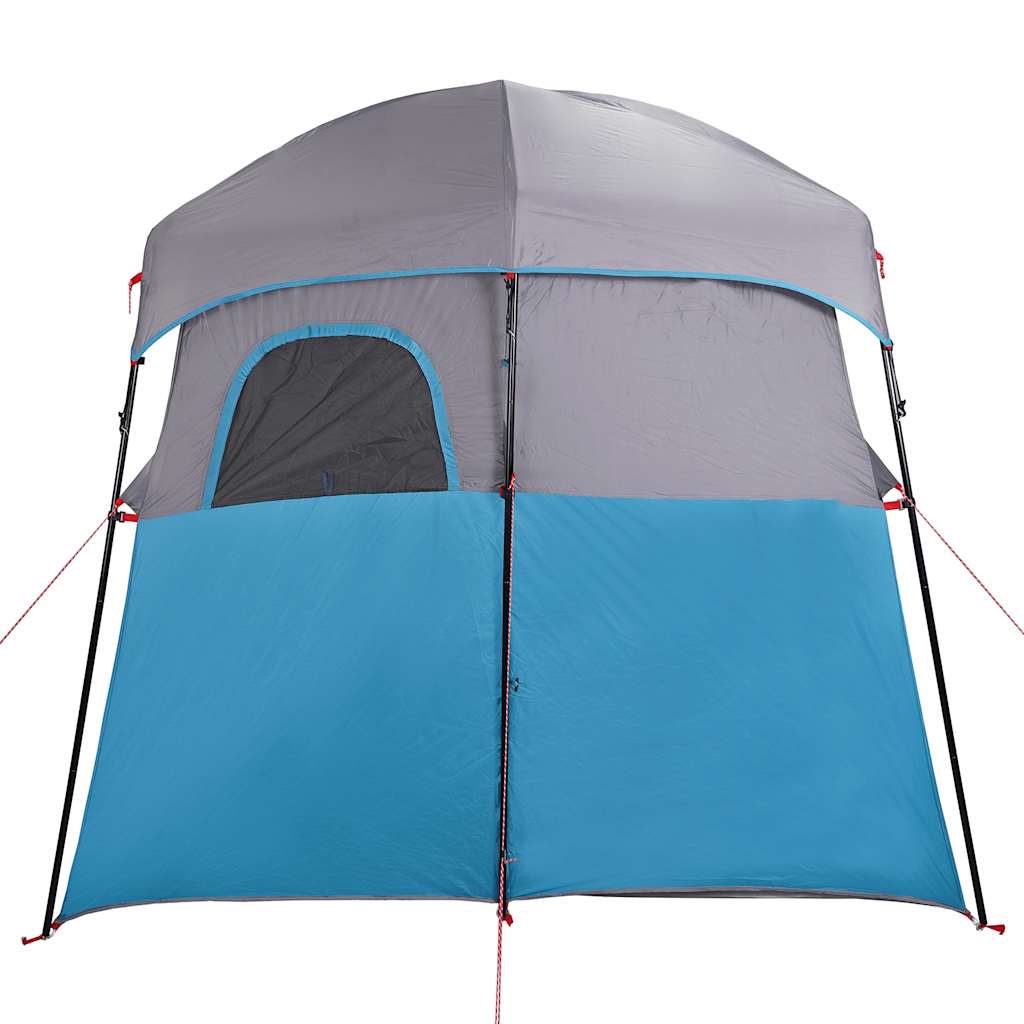 Achteraanzicht van de vidaXL douchetent in blauw met grijze top en zijraam.