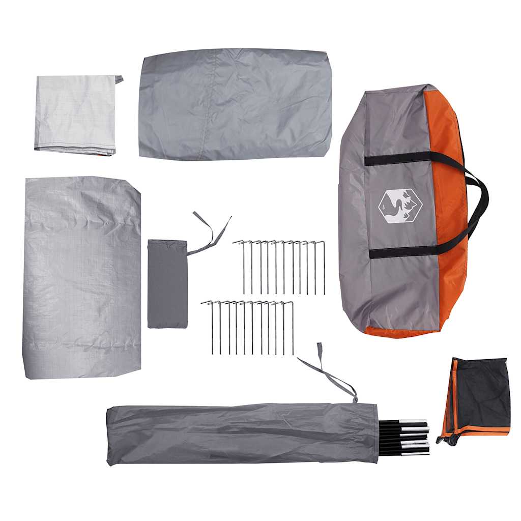 Grijze en oranje vidaXL douchetent met accessoires en haringen, overzicht van de onderdelen.